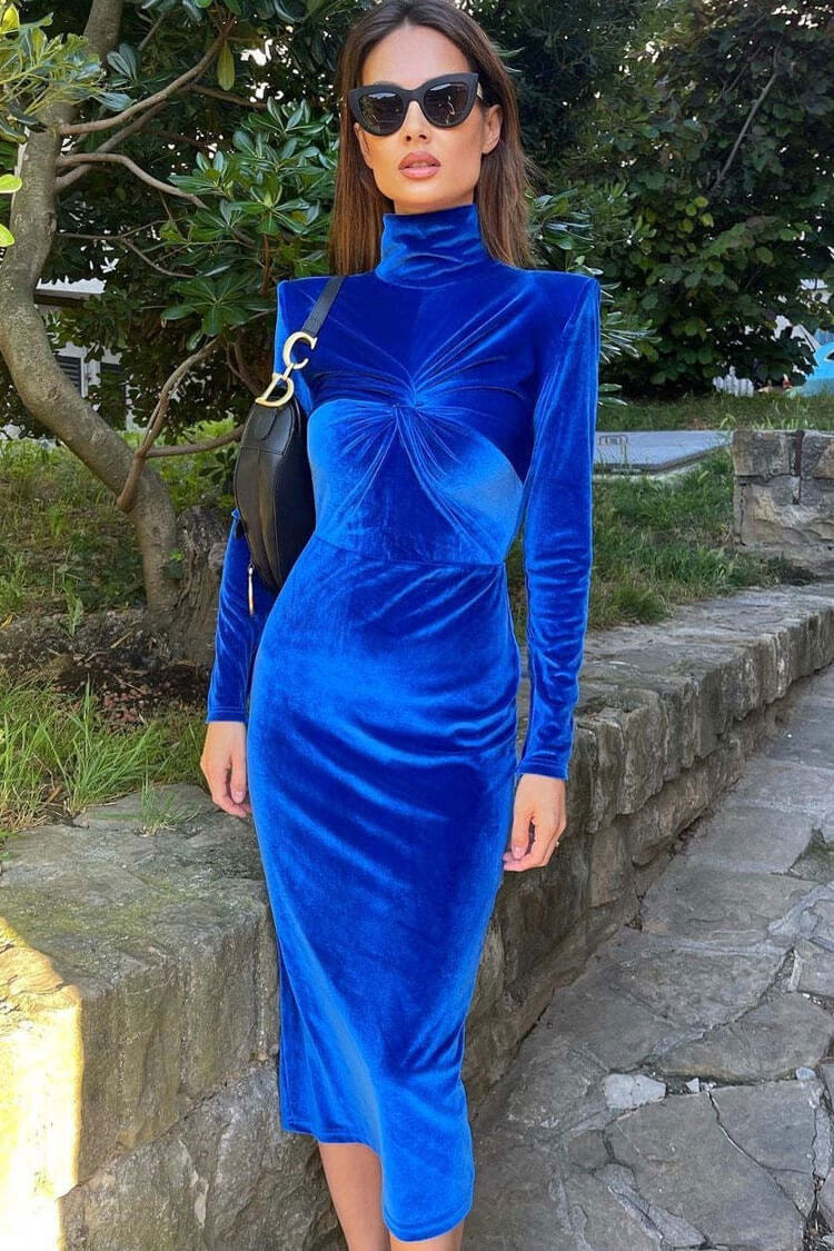 Velvet High Neck Long Sleeve Twist Front Bodycon Midi Dress