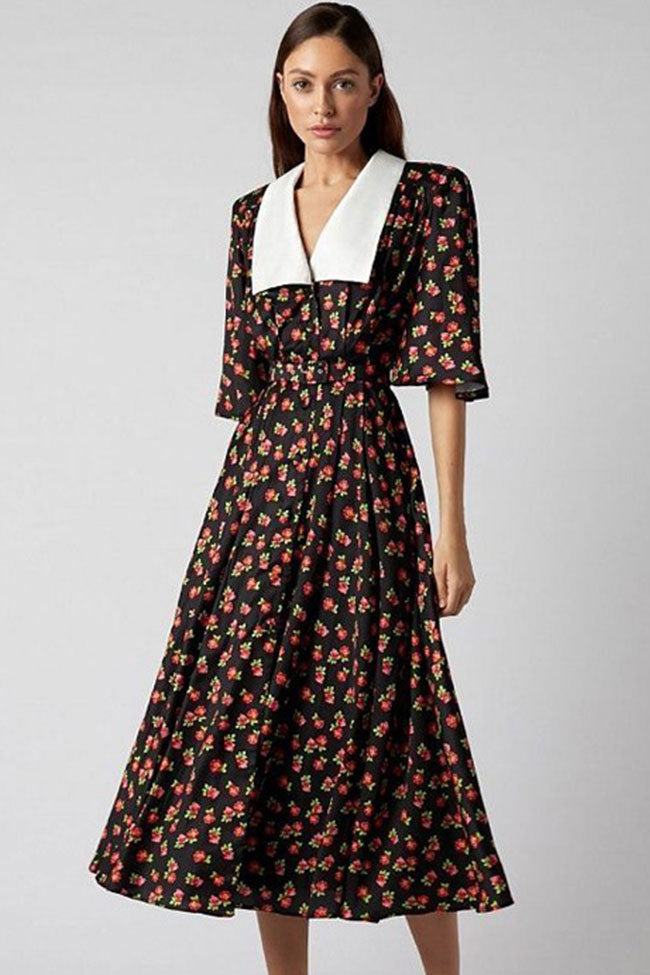 French Spread Collar Short Sleeve Button Down Floral Midi Dress - Black  Fashionpara