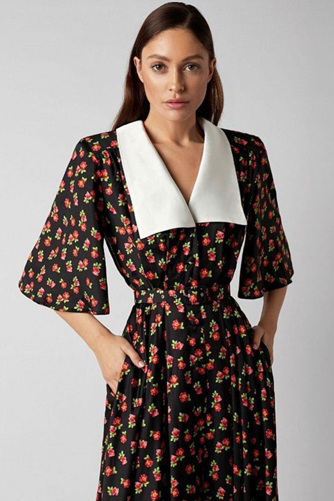 French Spread Collar Short Sleeve Button Down Floral Midi Dress - Black  Fashionpara