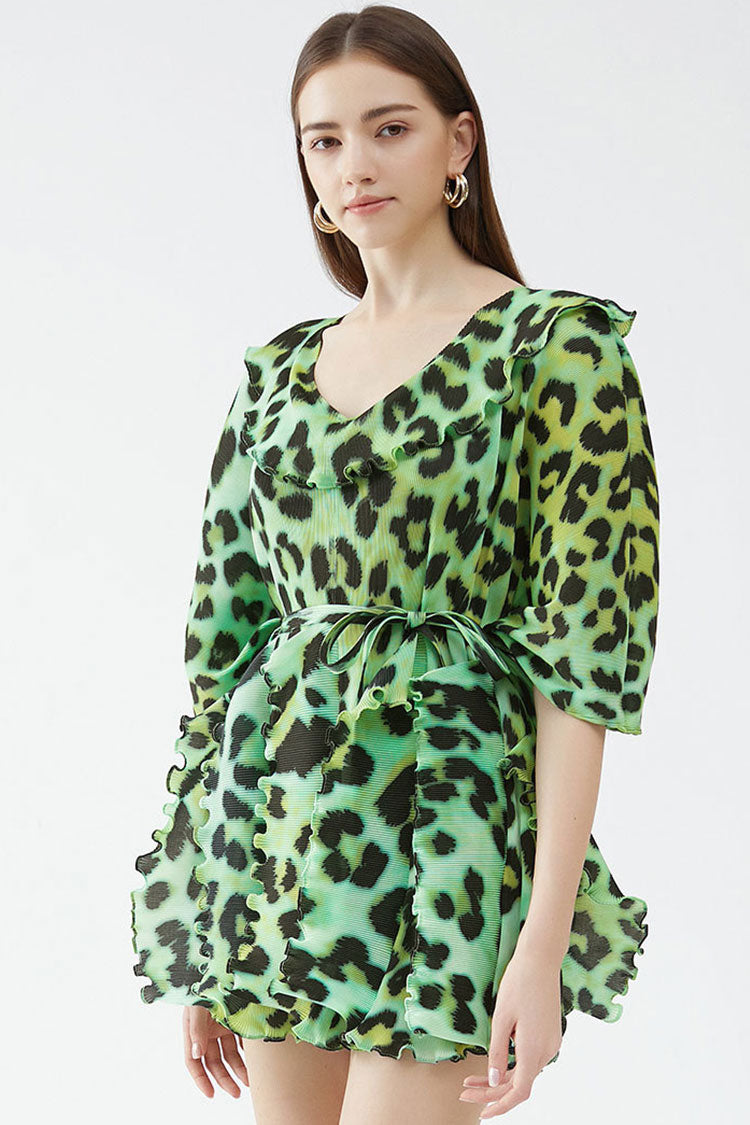Classy V Neck Half Sleeve Leopard Print Pleated Ruffle Mini Dress - Green - Fashionpara