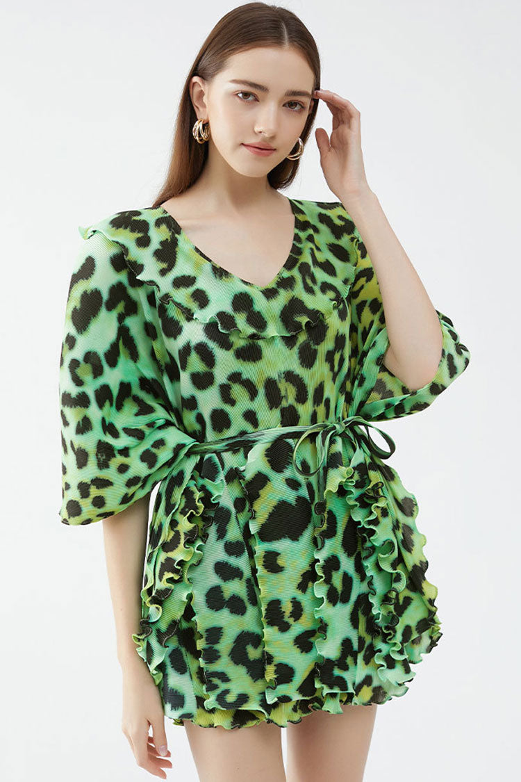 Classy V Neck Half Sleeve Leopard Print Pleated Ruffle Mini Dress - Green - Fashionpara