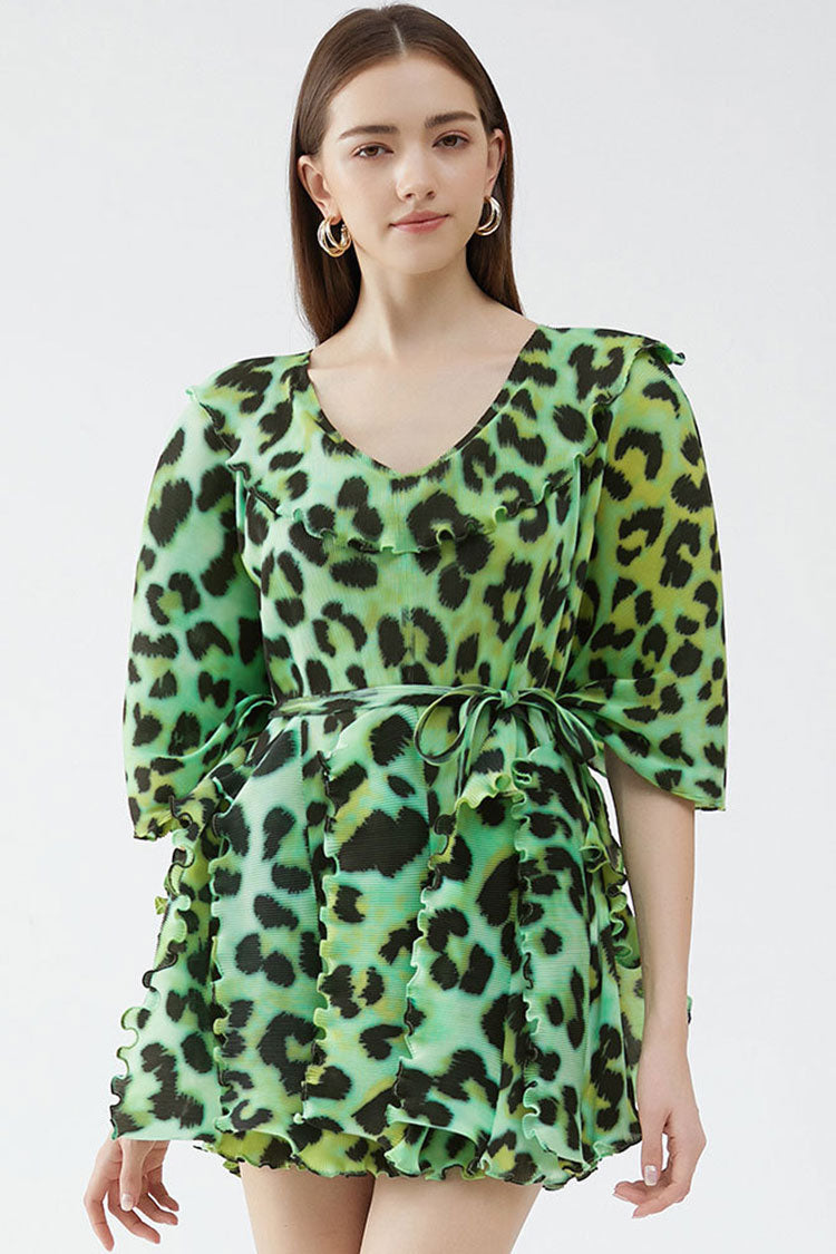 Classy V Neck Half Sleeve Leopard Print Pleated Ruffle Mini Dress - Green - Fashionpara