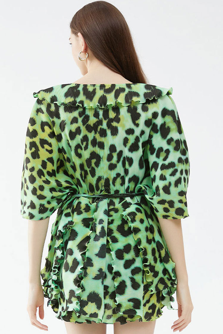 Classy V Neck Half Sleeve Leopard Print Pleated Ruffle Mini Dress - Green - Fashionpara