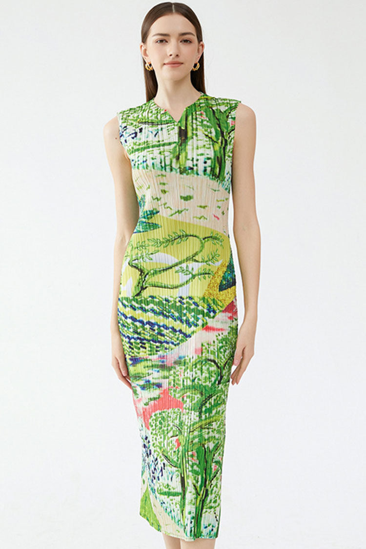 Classy V Neck Landscape Print Sleeveless Pleated Midi Dress - Green - Fashionpara
