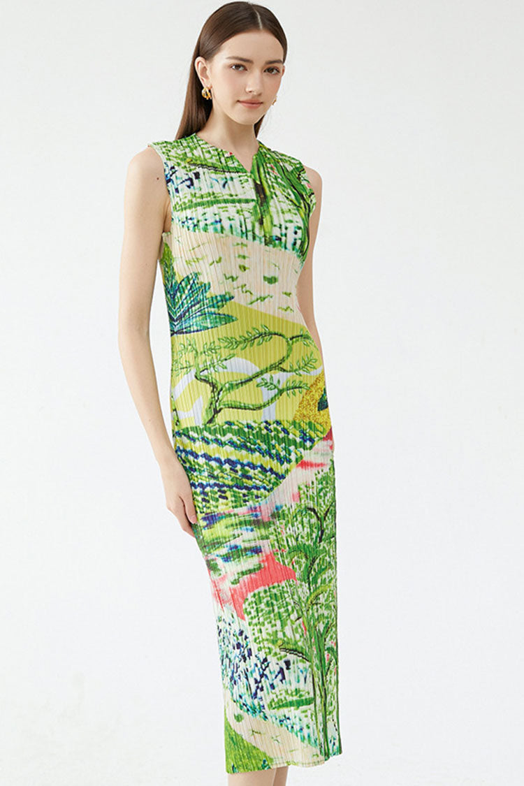 Classy V Neck Landscape Print Sleeveless Pleated Midi Dress - Green - Fashionpara