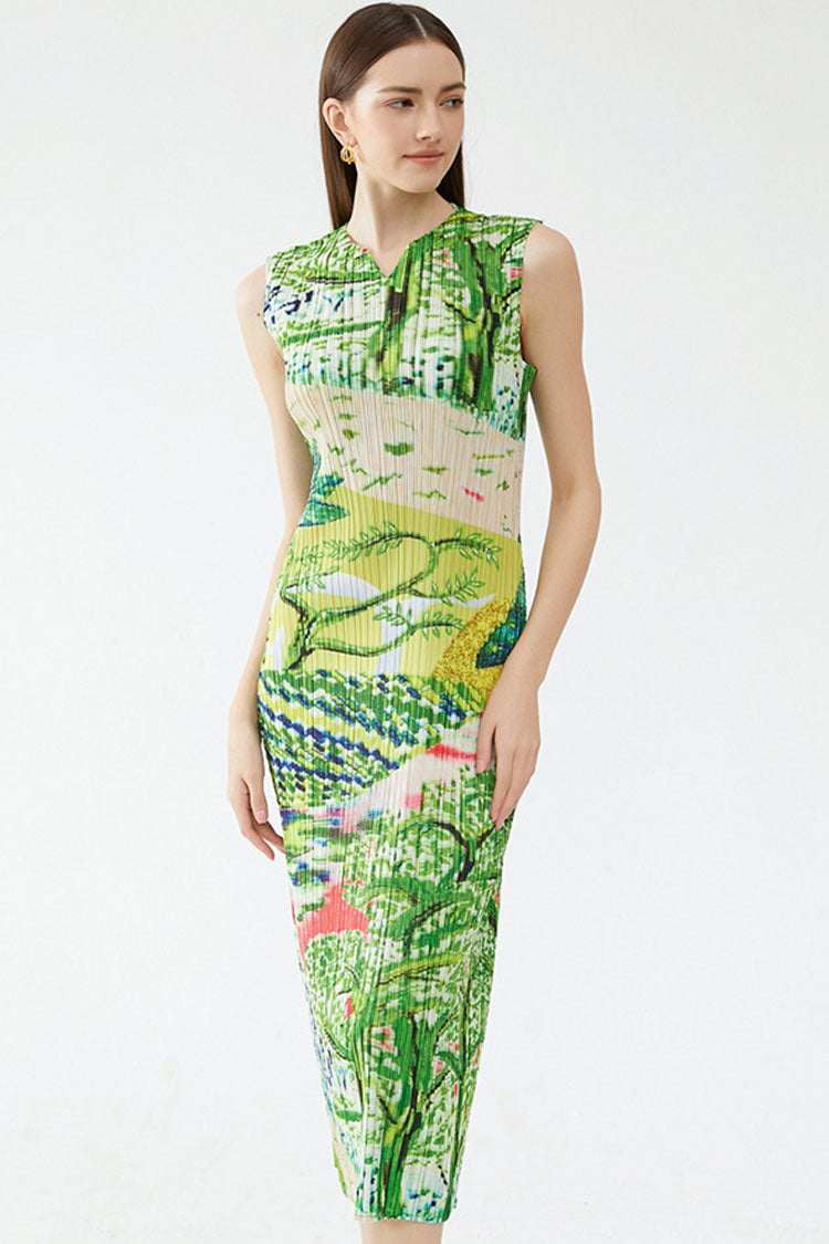 Classy V Neck Landscape Print Sleeveless Pleated Midi Dress - Green - Fashionpara