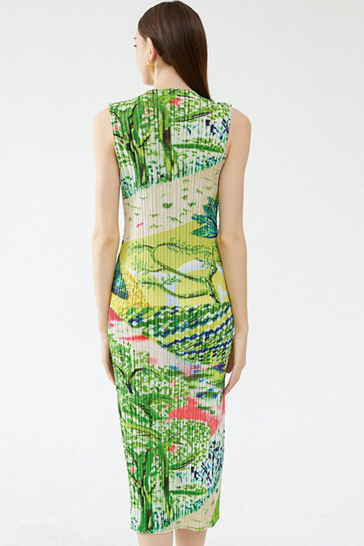Classy V Neck Landscape Print Sleeveless Pleated Midi Dress - Green - Fashionpara