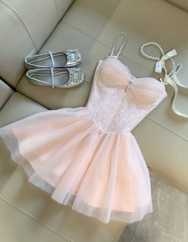 Cute Spaghetti Straps Pink Tulle A Line 15th Birthday Outfits Formal 8th Grade Homecoming Dress D068
