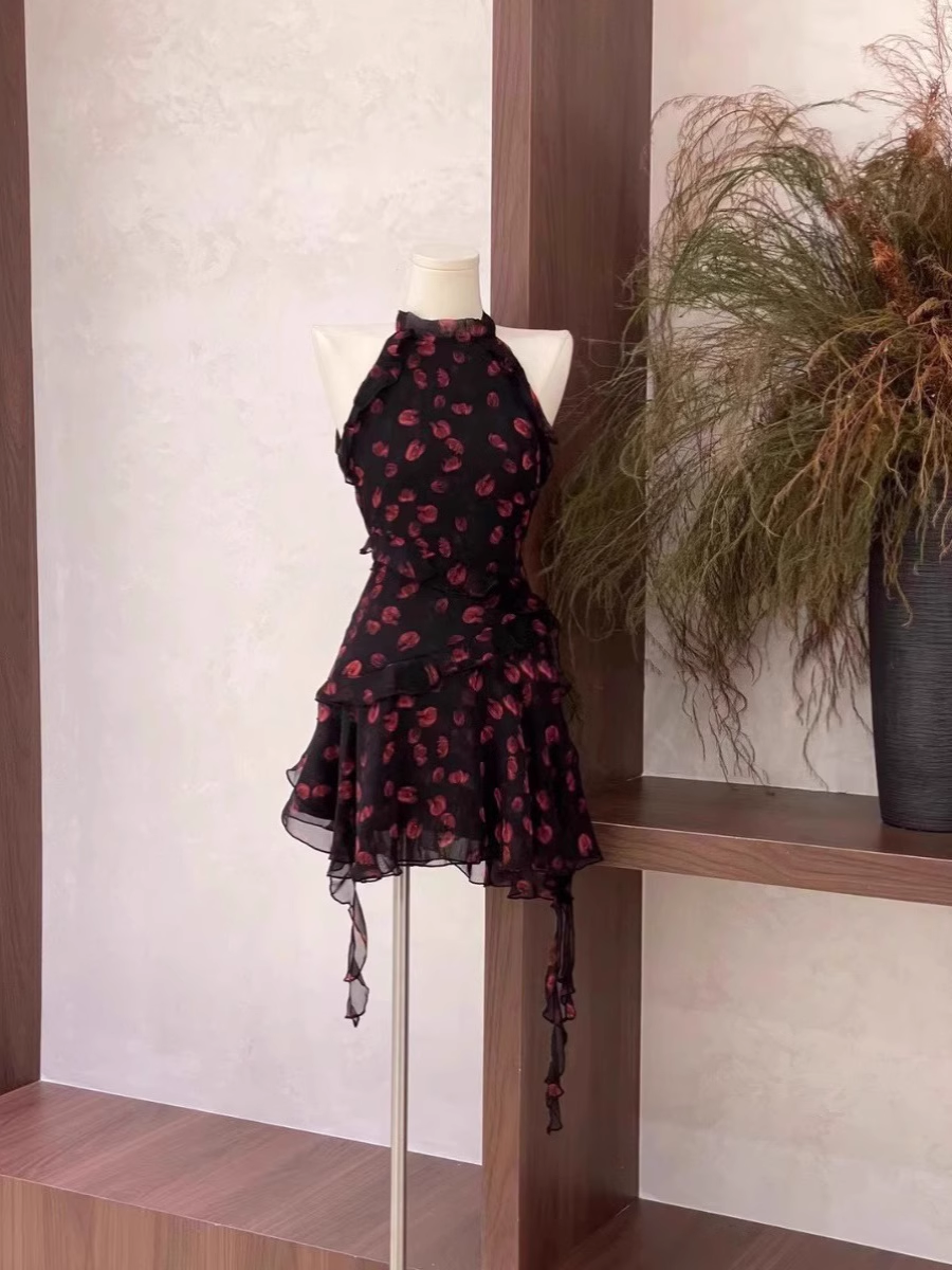 Burgundy Print Floral Chiffon Sleeves Short Holiday Dress Party Dress S245