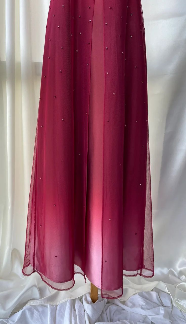 Pretty Spaghetti Straps Ombre Hot Pink Satin Beaded A Line Long Evening Dress Birthday Party Dress D1534