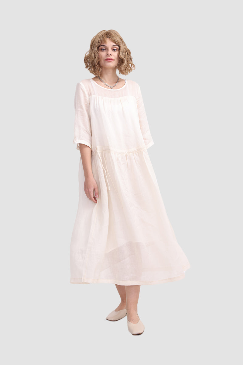 Ramie Round-Neck Half-Sleeve Drop-Waist A-Line Midi Dress 2
