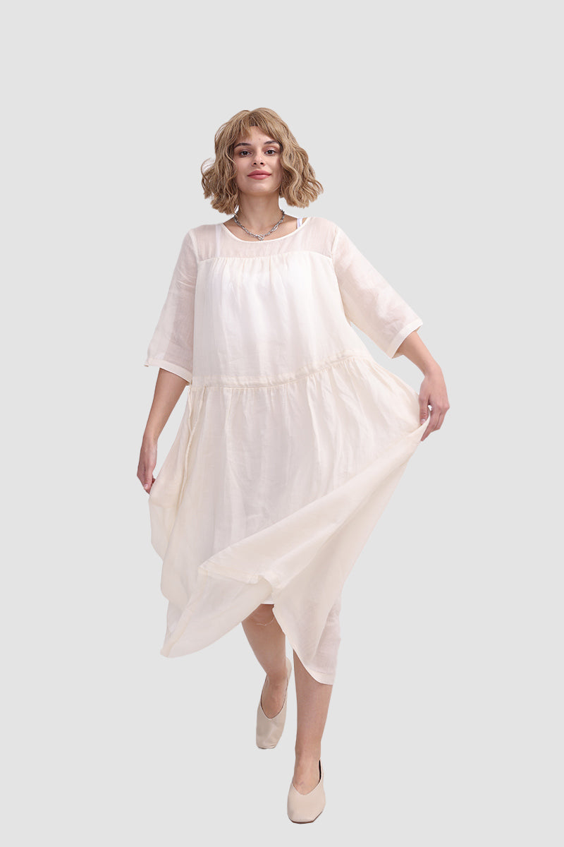 Organza Crew Neck Half Sleeve Tiered A-Line Midi Dress