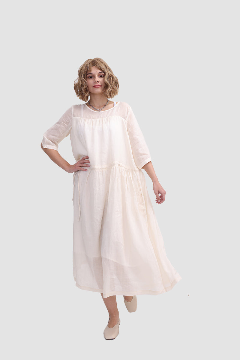 Organza Crew Neck Half Sleeve Tiered A-Line Midi Dress