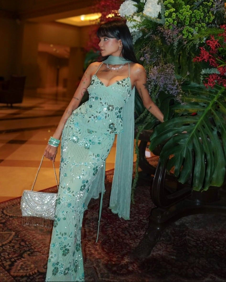 Sexy Spaghetti Straps Mint Green Satin Sequin Beaded Mermaid Evening Dress Formal Birthday Party Dress Two Piece D1448