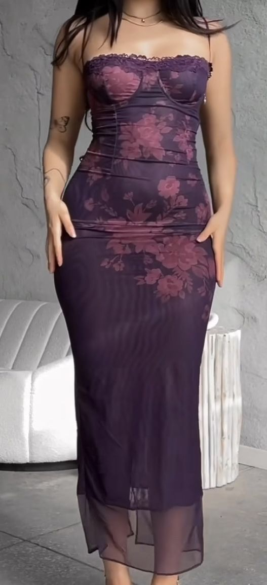 Vintage Spaghetti Straps Purple Chiffon Printed Floral Mermaid Evening Dress Birthday Outfits D1142