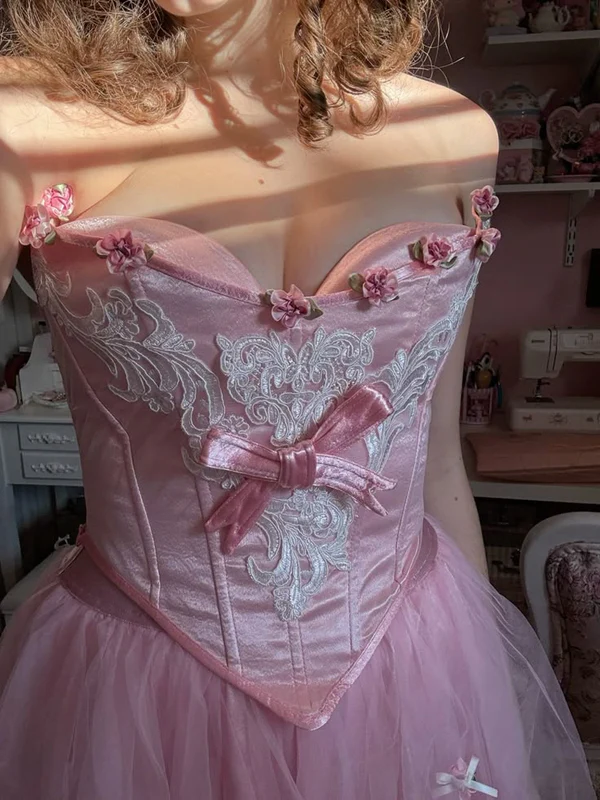 Cute Pink Strapless Satin Tulle Appliques A Line Long Birthday Prom Dresses Formal Wedding Guest Dress Party Gown D1549