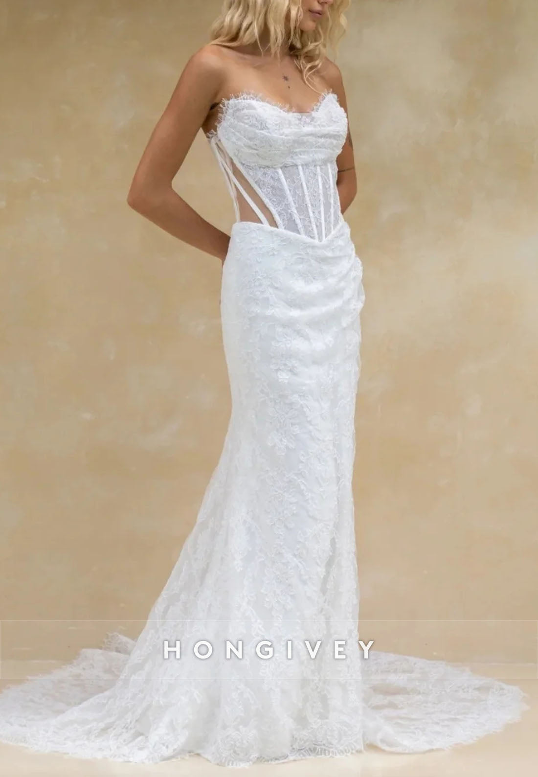Strapless Lace Court Train Bridal Gowns Sweetheart Mermaid Wedding Dresses