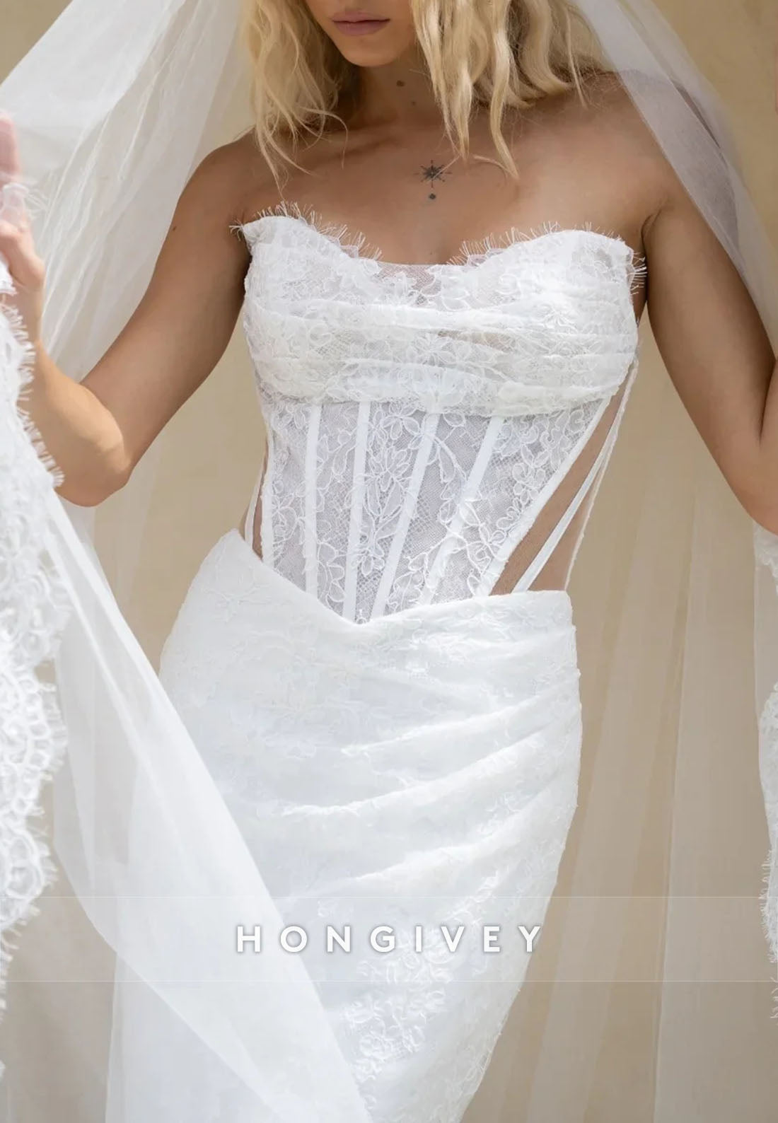 Strapless Lace Court Train Bridal Gowns Sweetheart Mermaid Wedding Dresses