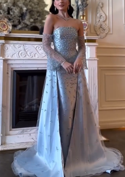 Gorgeous Blue Satin Tulle Beaded Mermaid Evening Dress Long Birthday Party Dress D1252