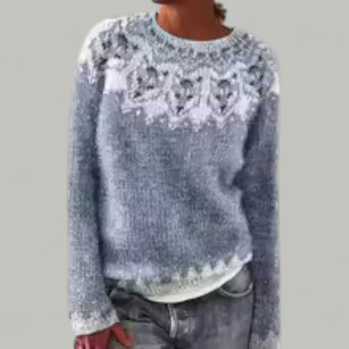 Crew Neck Long Sleeve Fair Isle Heart Knit Sweater