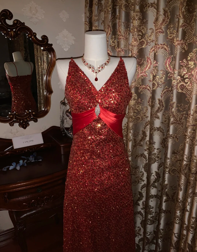 Vintage Red V Neck Sequin Beaded Mermaid Party Dress Long Evening Gown D1724