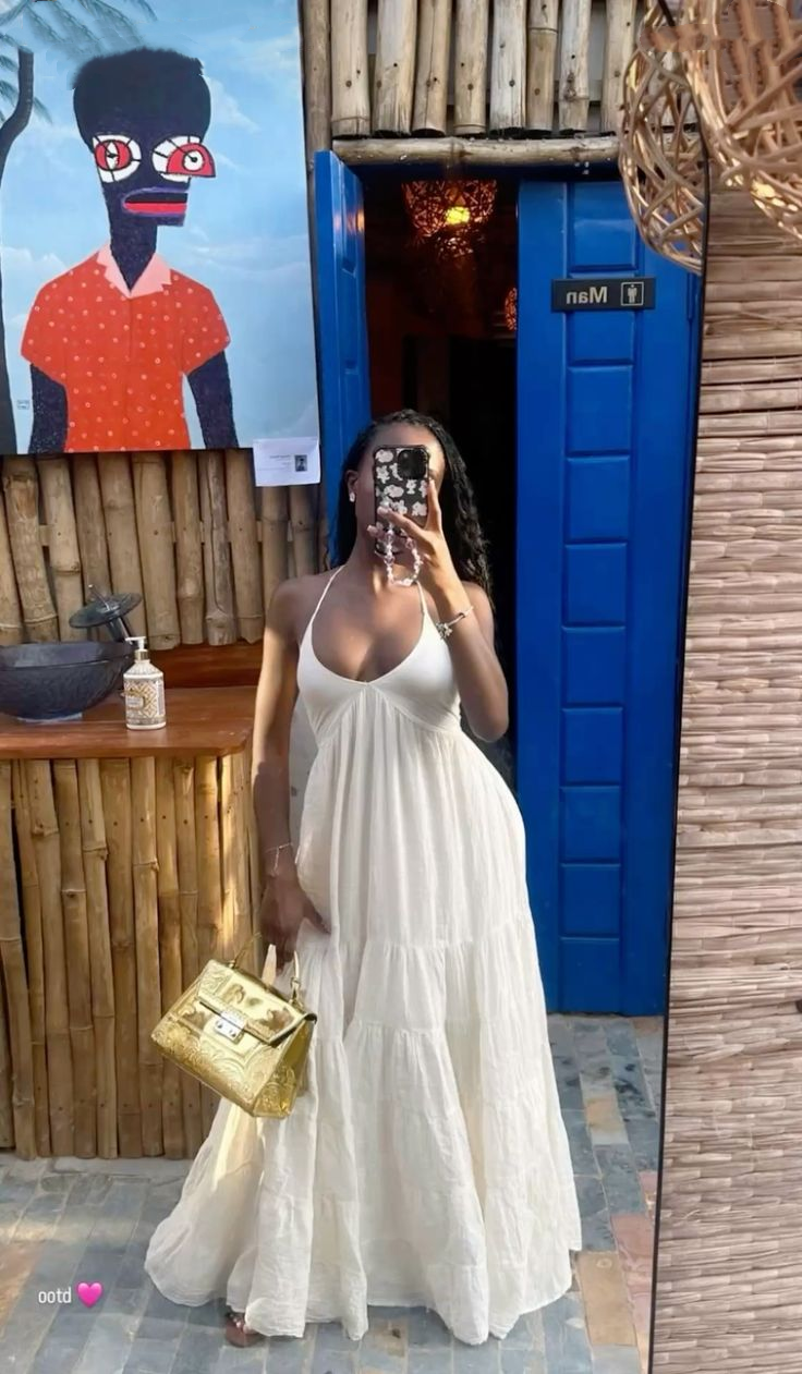 Classy Halter White Satin A Line Long Wedding Guest Dress Evening Dress D1359