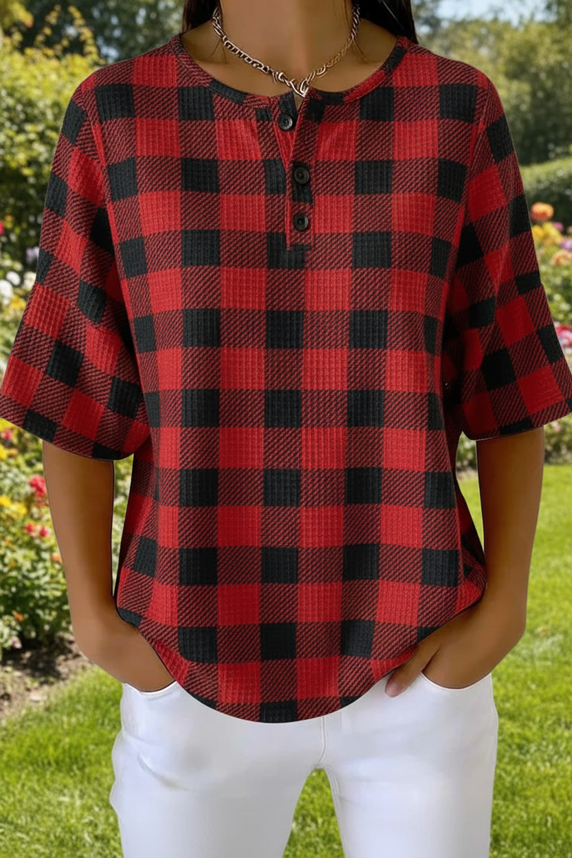 Buffalo Plaid Waffle Knit Henley Short Sleeve Top