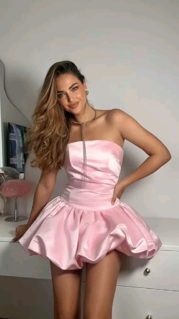 Cute Pink Satin Strapless A Line Short Birthday Outfits Formal 8th Grade Homecoming Dress D115