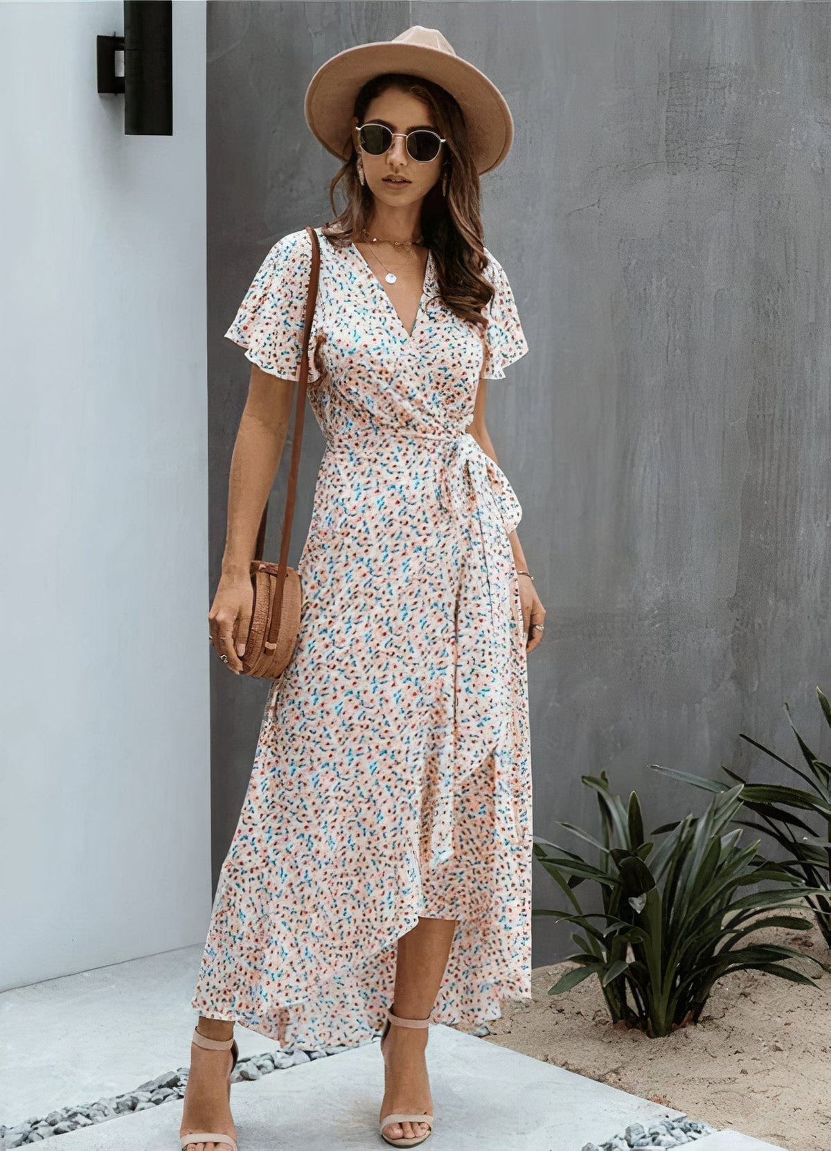 Abstract Print Wrap Deep V-Neck Flutter Sleeve Midi Dress