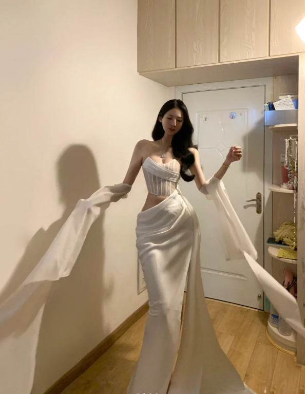 Sexy Strapless Satin Slit White Mermaid Long Prom Gown Party Dress D848