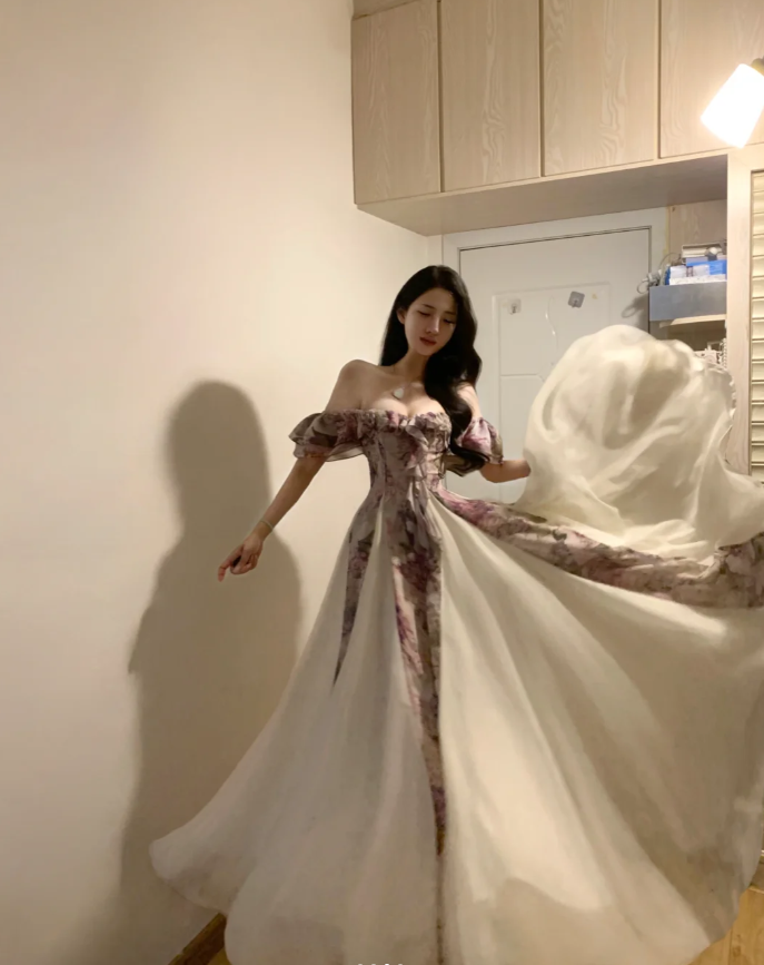 Pretty Off The Shoulder Chiffon Printed Floral A Line Long Party Dress Evening Gown D842