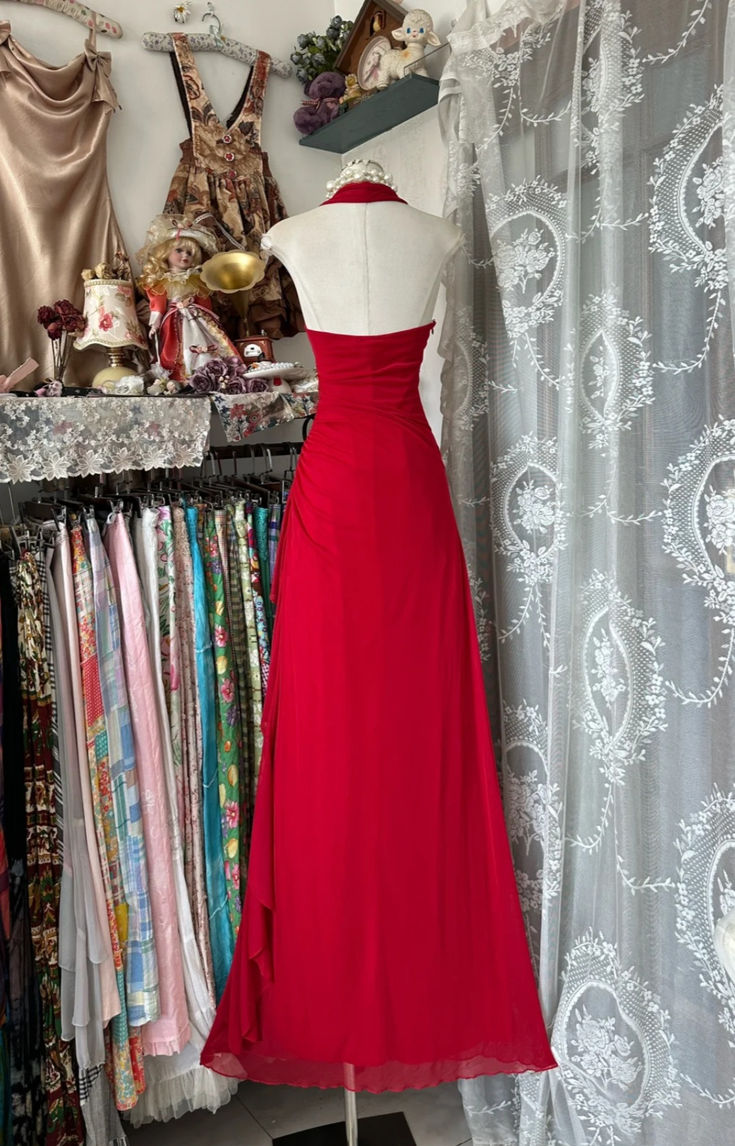 Retro Halter Red Chiffon Beaded Ruffles Mermaid Evening Dress Long Birthday Party Gown D1710