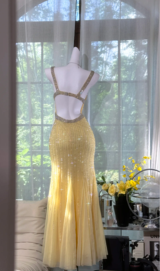 Glitter V Neck Yellow Chiffon Beaded Mermaid Party Dress Long Prom Gown D921