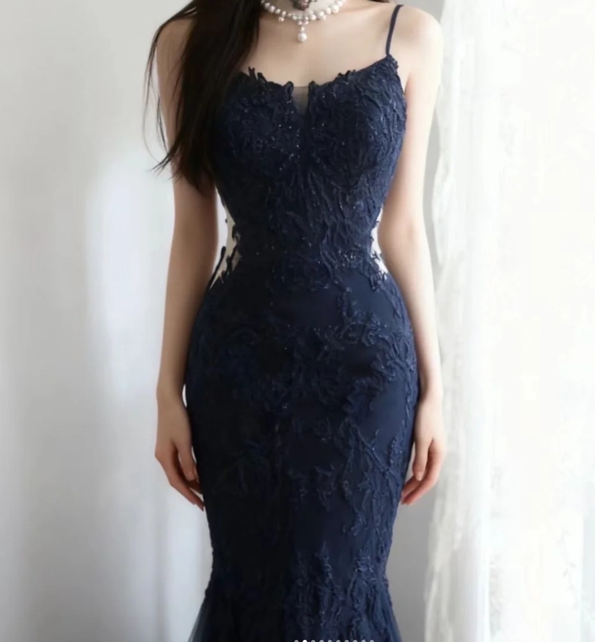 Elegant Spaghetti Straps Navy Blue Tulle Lace Appliques Mermaid Evening Dress Birthday Outfits D1268