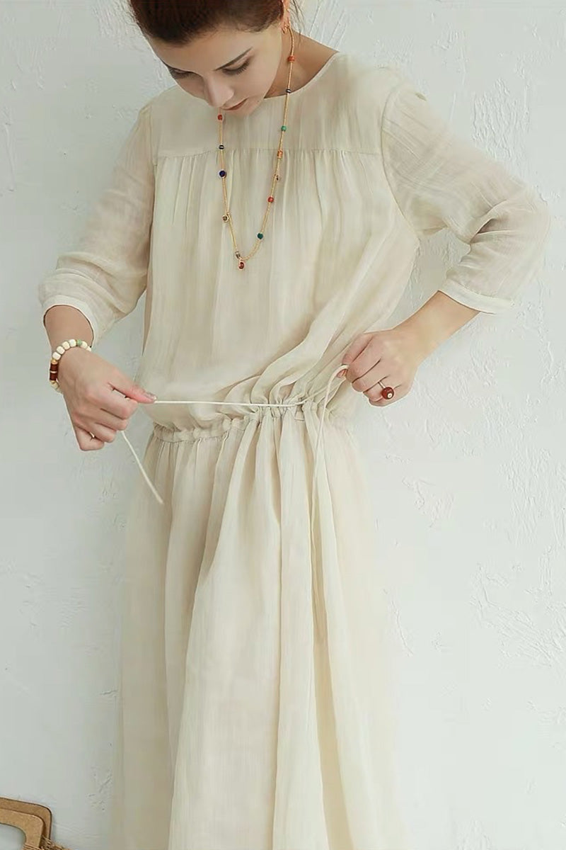 Organza Crew Neck Half Sleeve Tiered A-Line Midi Dress