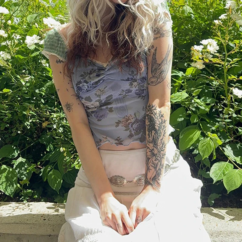 Mesh Floral Square Crop Top