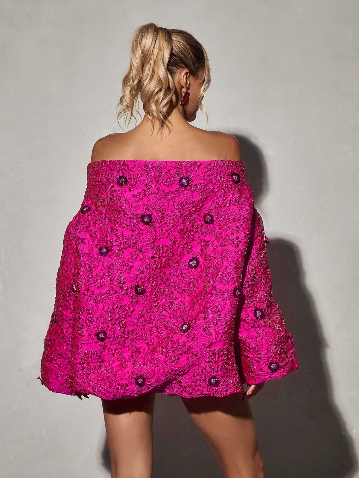 Textured Floral Brocade Crew Neck Short Sleeve Mini Dress 5