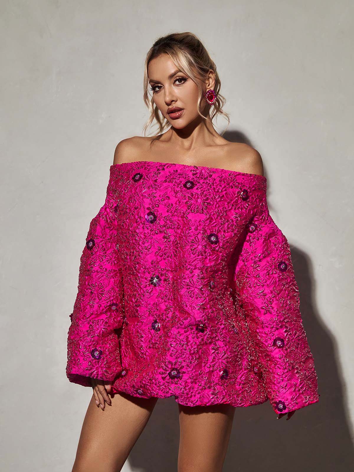 Textured Floral Brocade Crew Neck Short Sleeve Mini Dress 2