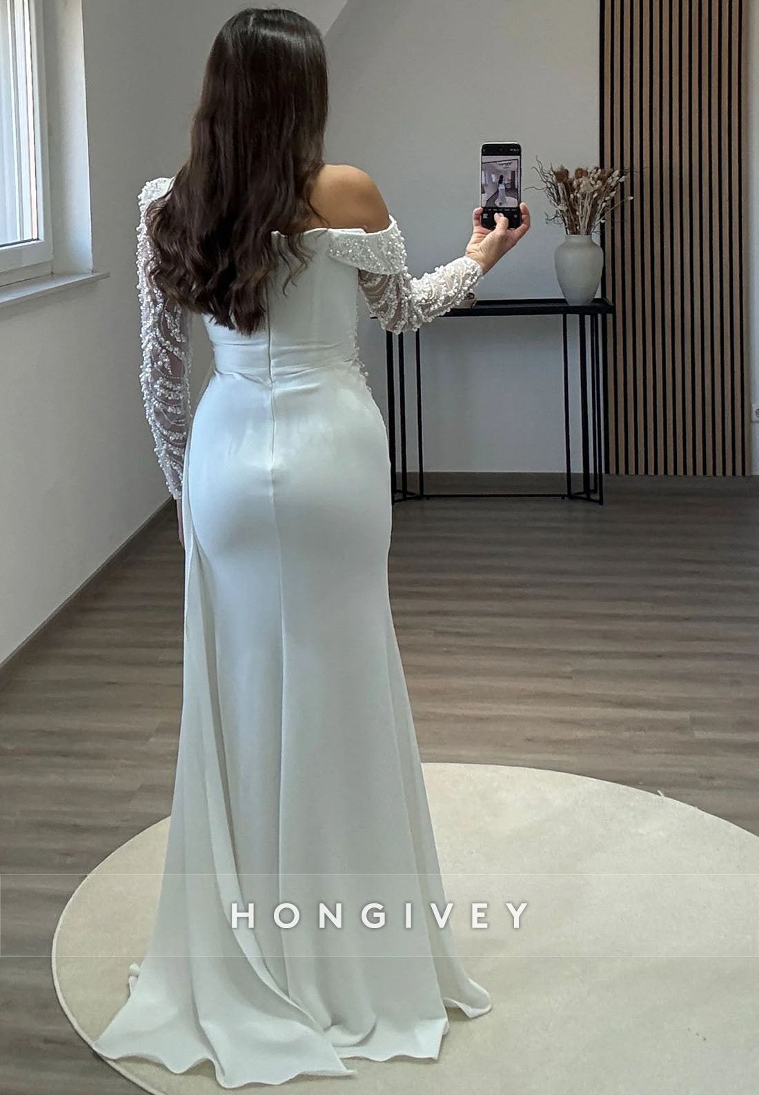 Side Draping Column Evening Gown Floor-Length One Shoulder Long Sleeve Beading Formal Dresses