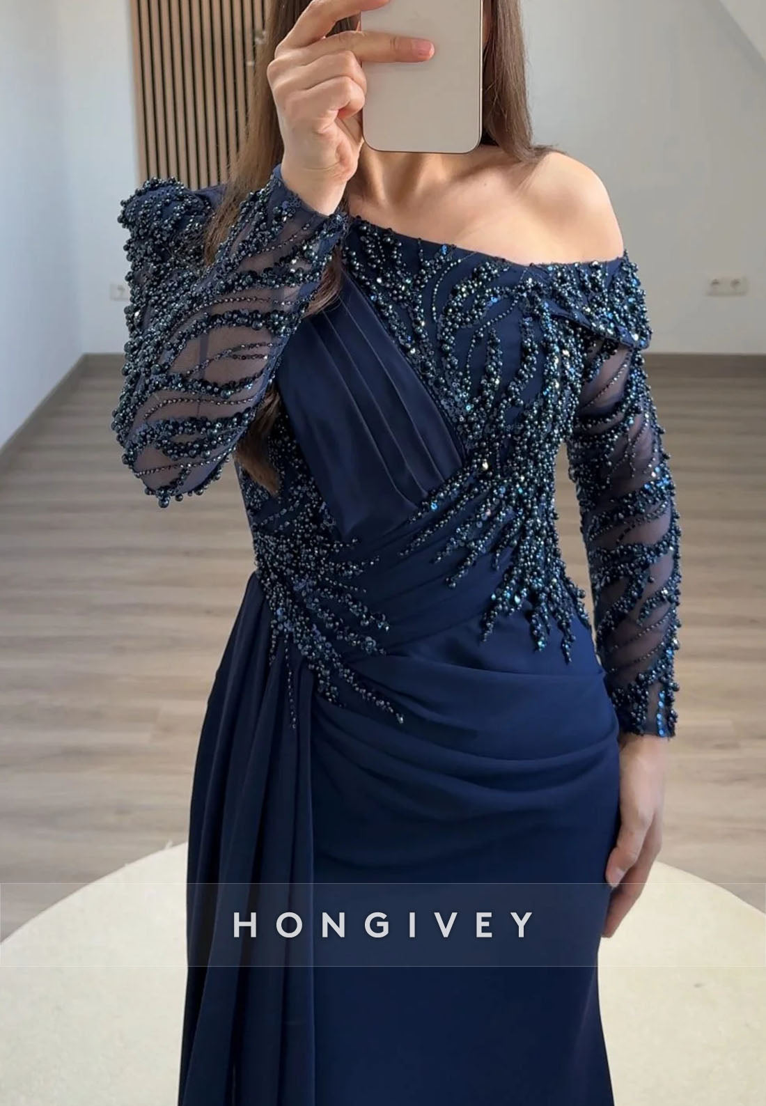Side Draping Column Evening Gown Floor-Length One Shoulder Long Sleeve Beading Formal Dresses