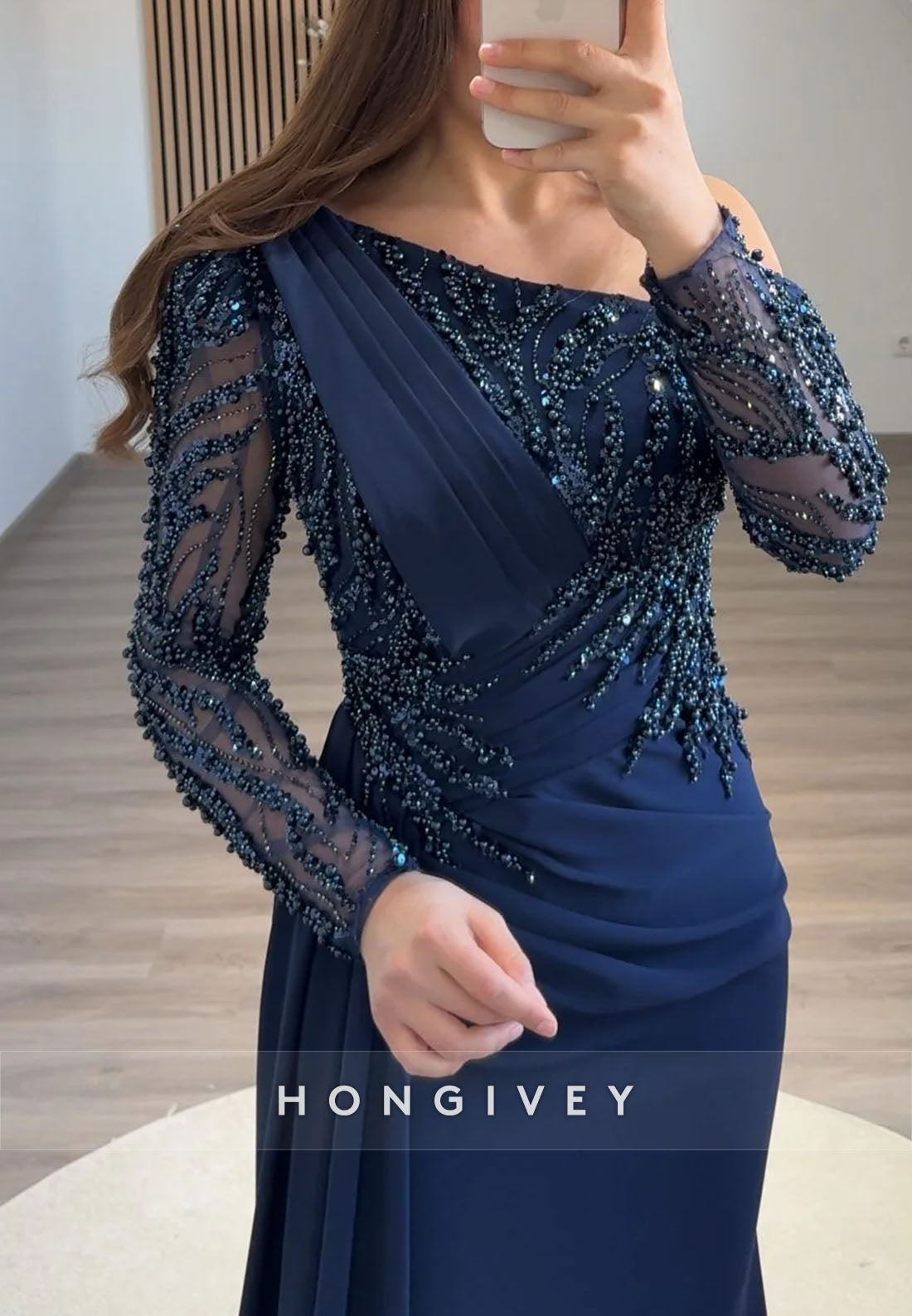 Side Draping Column Evening Gown Floor-Length One Shoulder Long Sleeve Beading Formal Dresses
