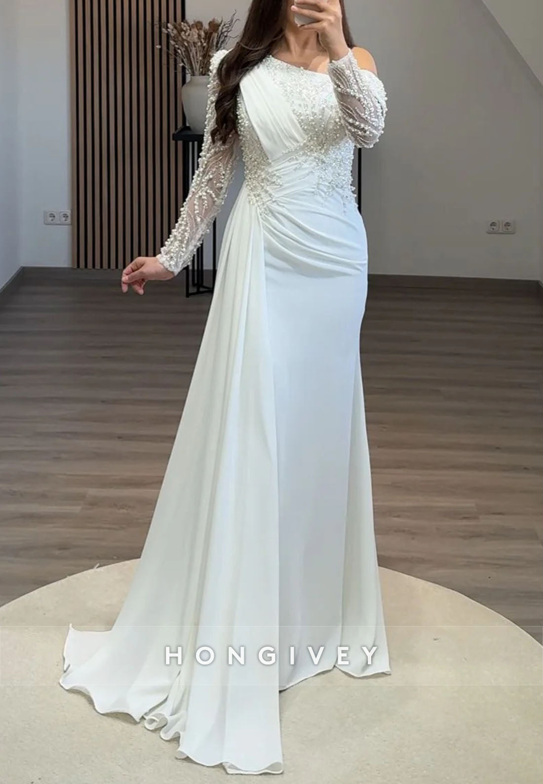 Side Draping Column Evening Gown Floor-Length One Shoulder Long Sleeve Beading Formal Dresses