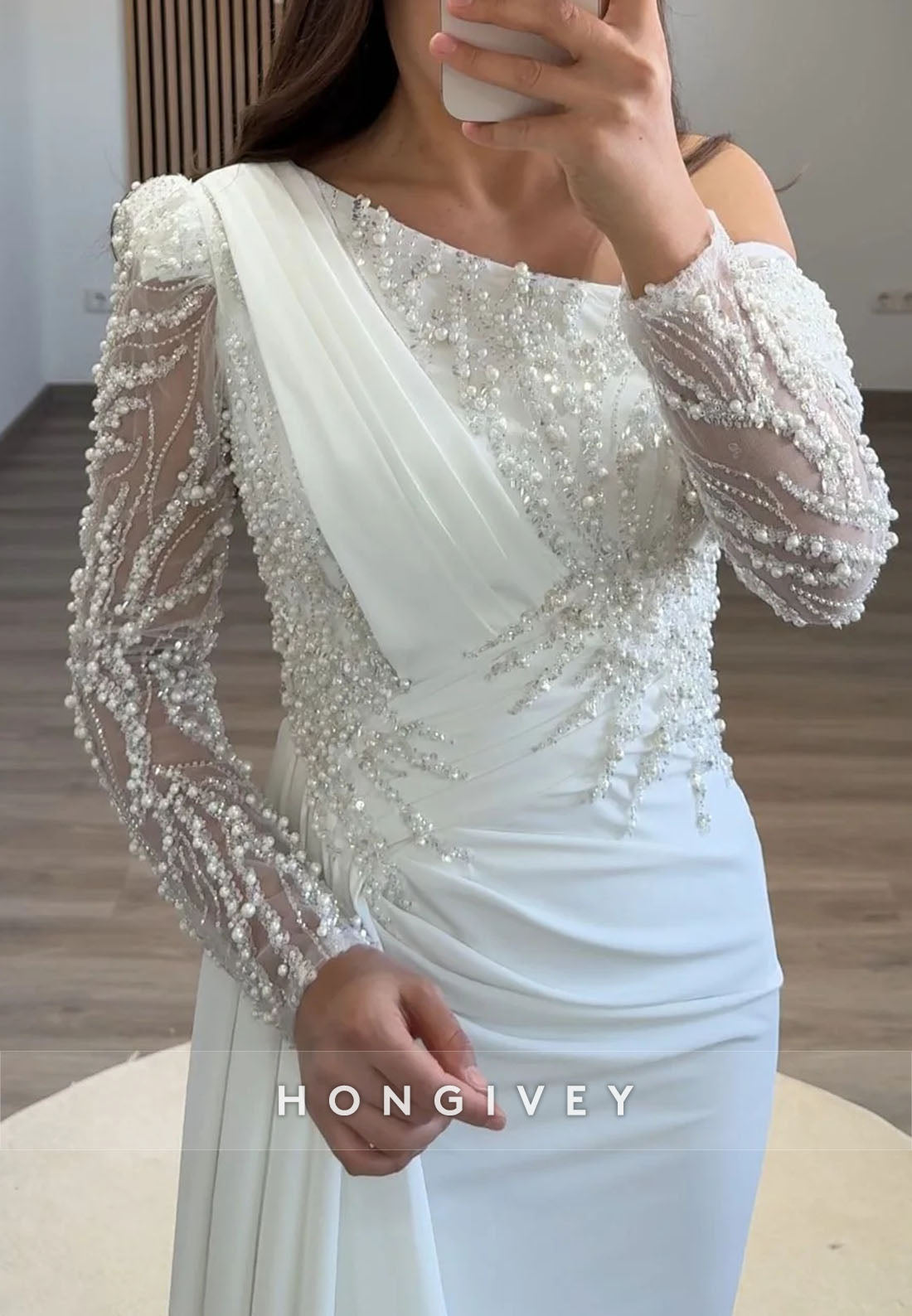 Side Draping Column Evening Gown Floor-Length One Shoulder Long Sleeve Beading Formal Dresses