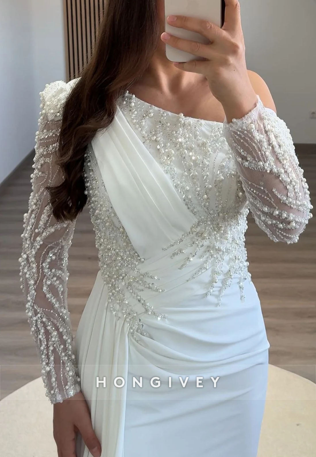 Side Draping Column Evening Gown Floor-Length One Shoulder Long Sleeve Beading Formal Dresses