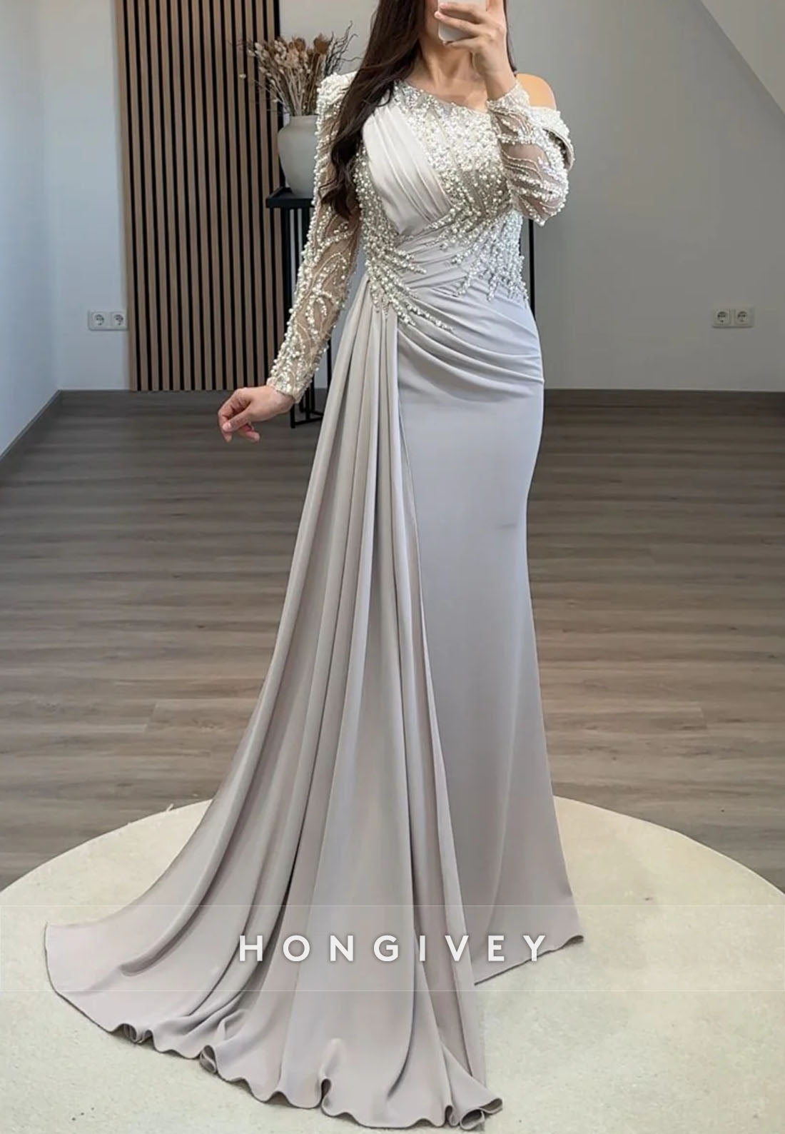 Side Draping Column Evening Gown Floor-Length One Shoulder Long Sleeve Beading Formal Dresses