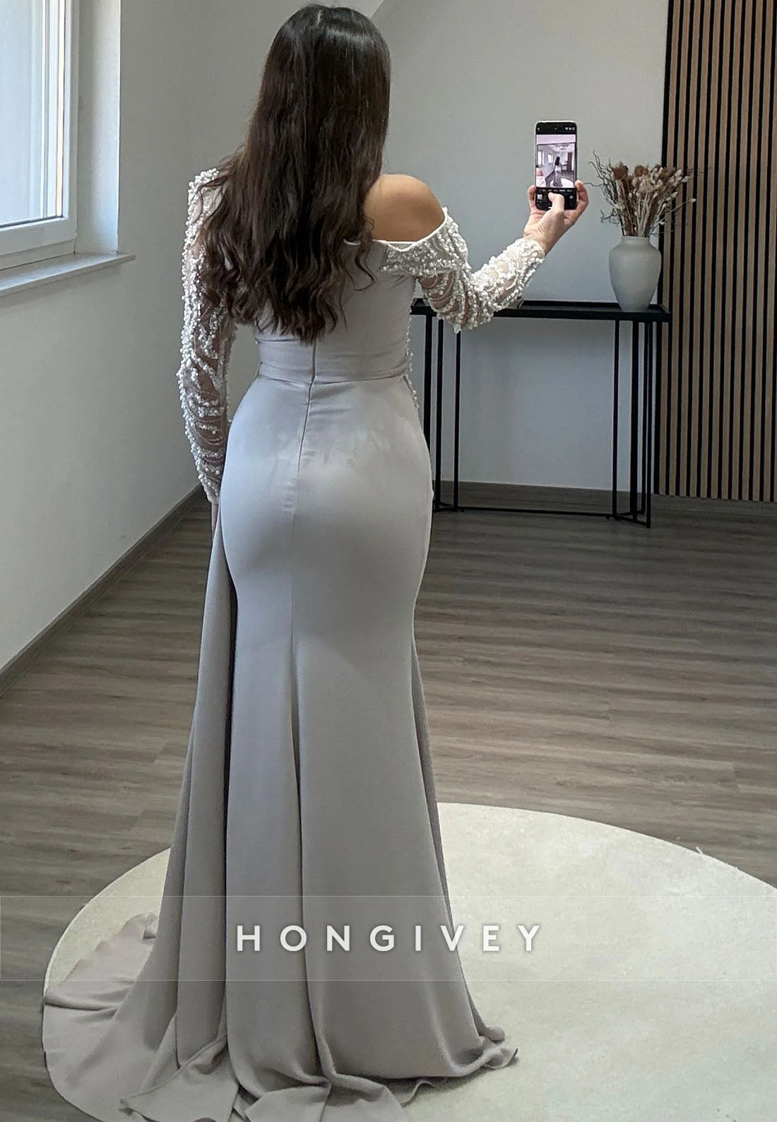 Side Draping Column Evening Gown Floor-Length One Shoulder Long Sleeve Beading Formal Dresses