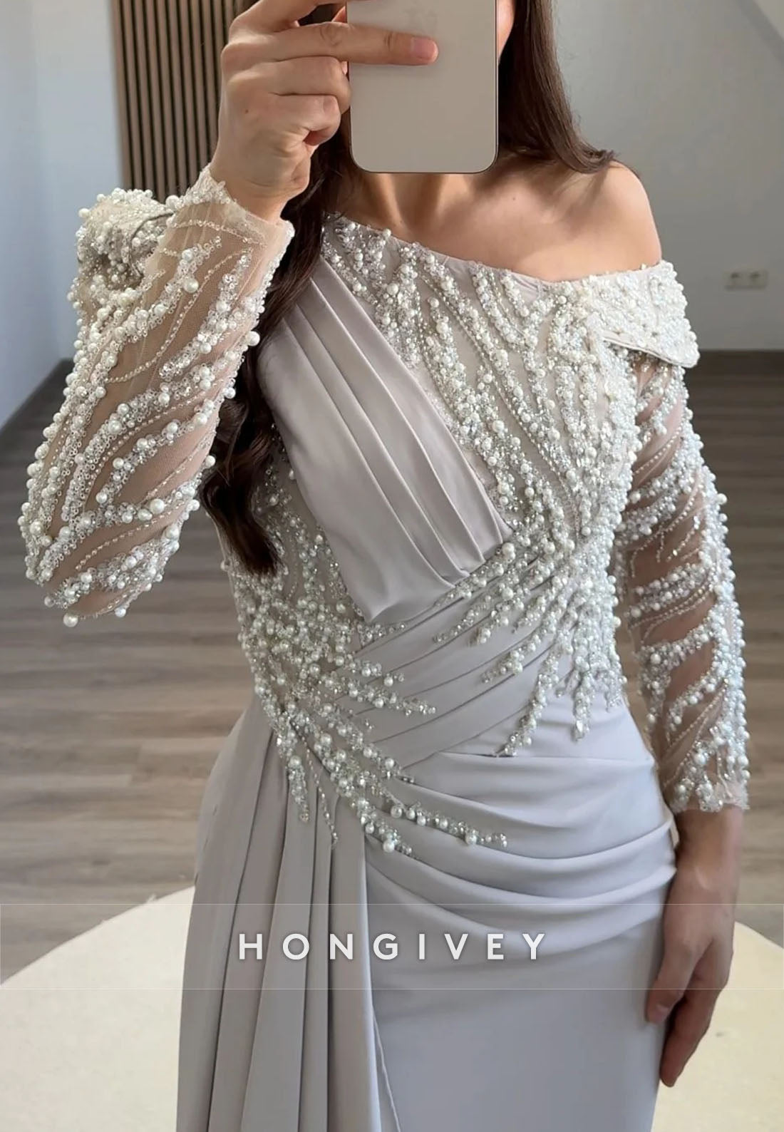 Side Draping Column Evening Gown Floor-Length One Shoulder Long Sleeve Beading Formal Dresses