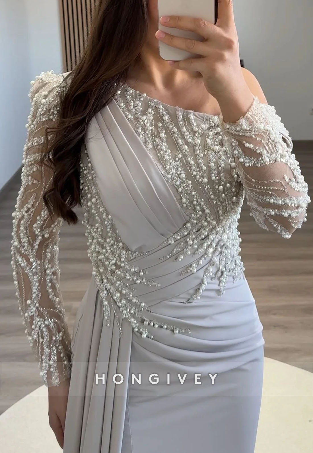 Side Draping Column Evening Gown Floor-Length One Shoulder Long Sleeve Beading Formal Dresses