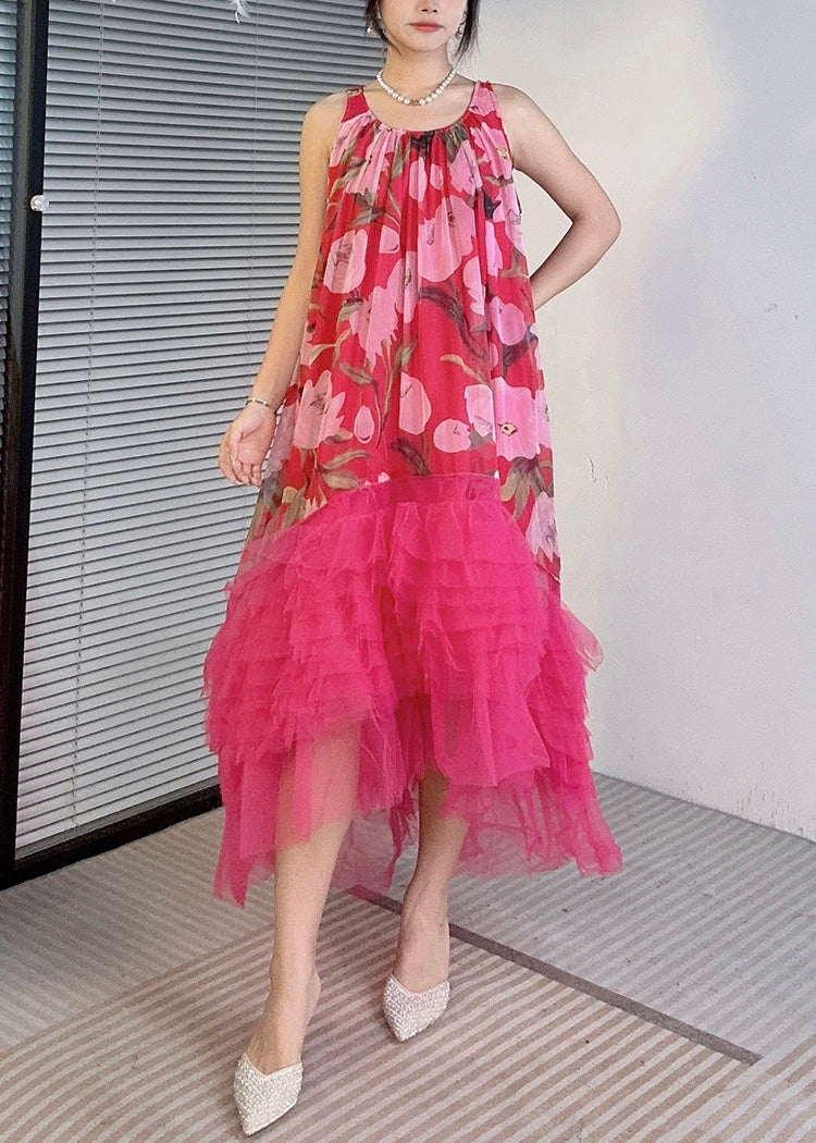 Floral Print Gathered Round Neck Tiered Ruffle Tulle Dress
