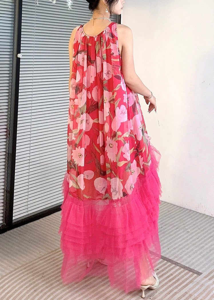 Floral Print Gathered Round Neck Tiered Ruffle Tulle Dress - View 4